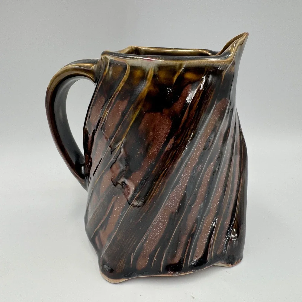 Studio Pottery Spiral Ribbed Pitcher Brown Tan Glossy Glaze Oxblood Red Interior